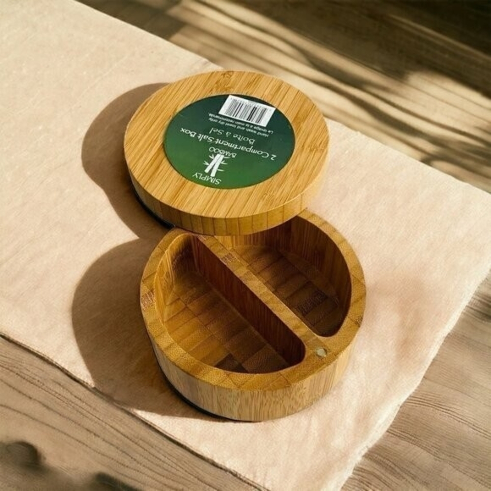 Simply Bamboo 2 Compartment Salt Pepper Box 4.5 Round Wood Kitchen Container New